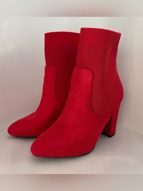 Women’s Comfort Brand Red Suede Almond Toe Sock Ankle Boots - Size 6